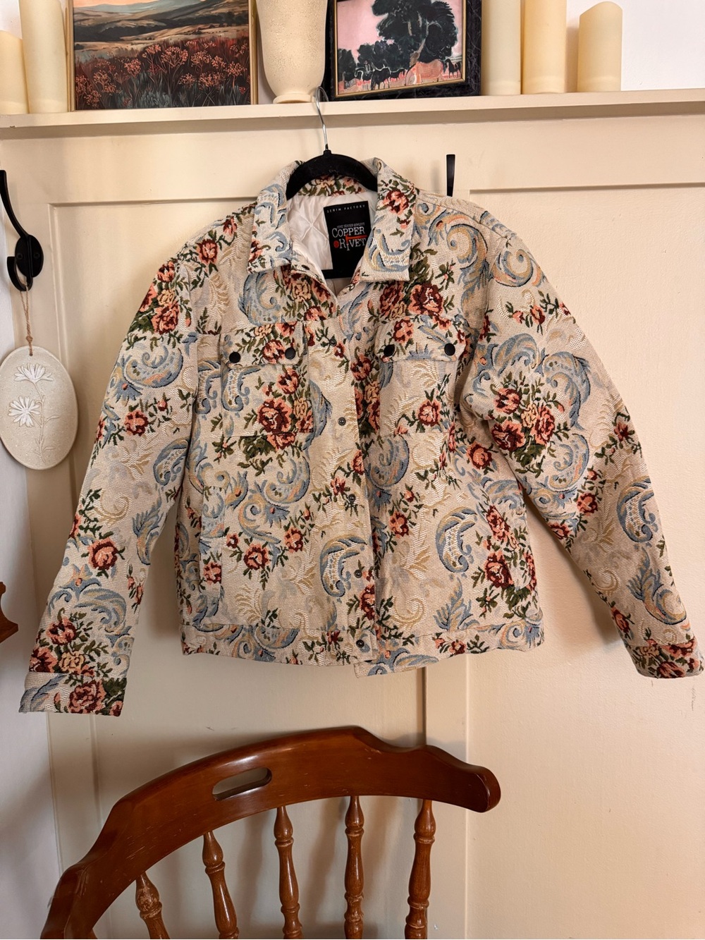 Copper Key Cream Tapestry Jean Jacket with Blue Scrolls & Red Floral